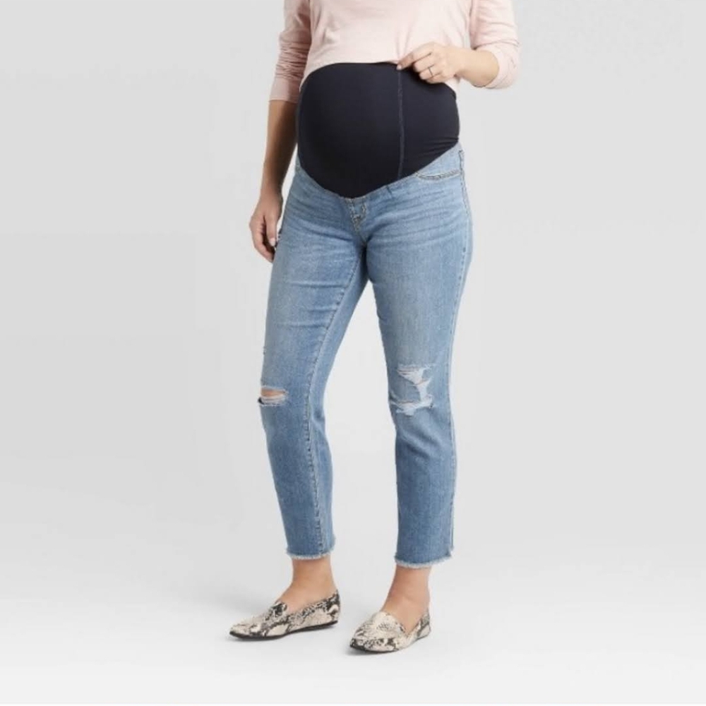 High Rise Crossover Panel Distressed Straight Maternity Jeans 18